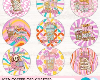 Funny Retro Coffee Car Coaster PNG Bundle Sarcastic Cup Holder Sublimation Designs Sassy Snarky Round Keychain PNG DIY Coaster Digital Files