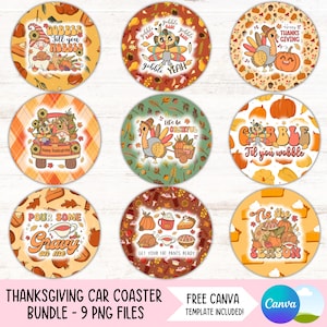 Thanksgiving voiture sous-verre PNG automne porte-gobelet Sublimation dessins automne rond porte-clés PNG Turquie sous-verre bricolage téléchargement de fichiers numériques