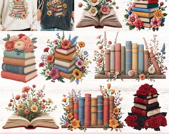 Floral Book Lover Faux Yarn Clipart Bundle, Bookish Faux Embroidery Tshirt Sublimation Designs, Knitted Crochet PNG Graphics (Digital Files)