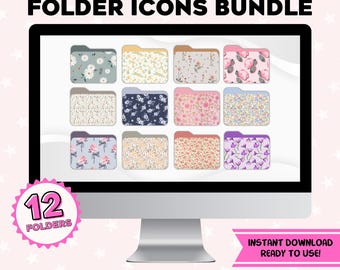 May include: A computer screen displaying 12 floral patterned folder icons. The text "FLORAL DESKTOP FOLDER ICONS BUNDLE" is at the top of the screen. The text "12 FOLDERS" is in a pink circle at the bottom left of the screen. The text "INSTANT DOWNLOAD READY TO USE!" is in a white rectangle with a pink border at the bottom right of the screen. The text "Compatible with MAC OS & Windows" is at the bottom center of the screen.