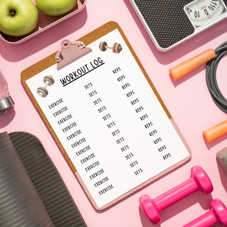May include: A pink workout log with a cork board backing and a clipboard. The log has a list of exercises and sets and reps for each exercise. There are dumbbells, a jump rope, and scales in the background.