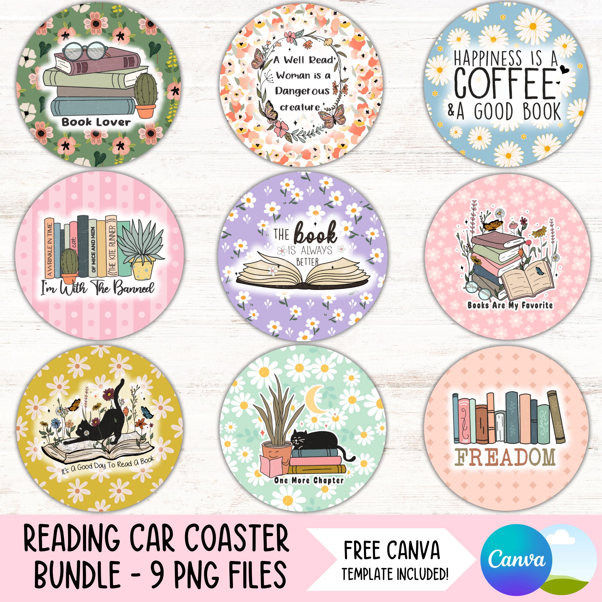 Floral Books Car Coaster PNG Bundle, Reading Lover Round Sublimation ...
