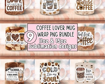 May include: A collection of nine coffee mugs with various designs, including phrases like "All you need is love and a good cup of coffee" and "Mama needs coffee." The mugs feature leopard print accents and coffee-related graphics.