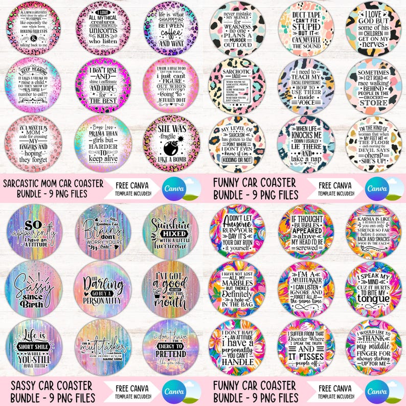 Humor Round Graphics Funny Car Coaster PNG Mega Bundle, Sarcastic Cup Holder Sublimation ...