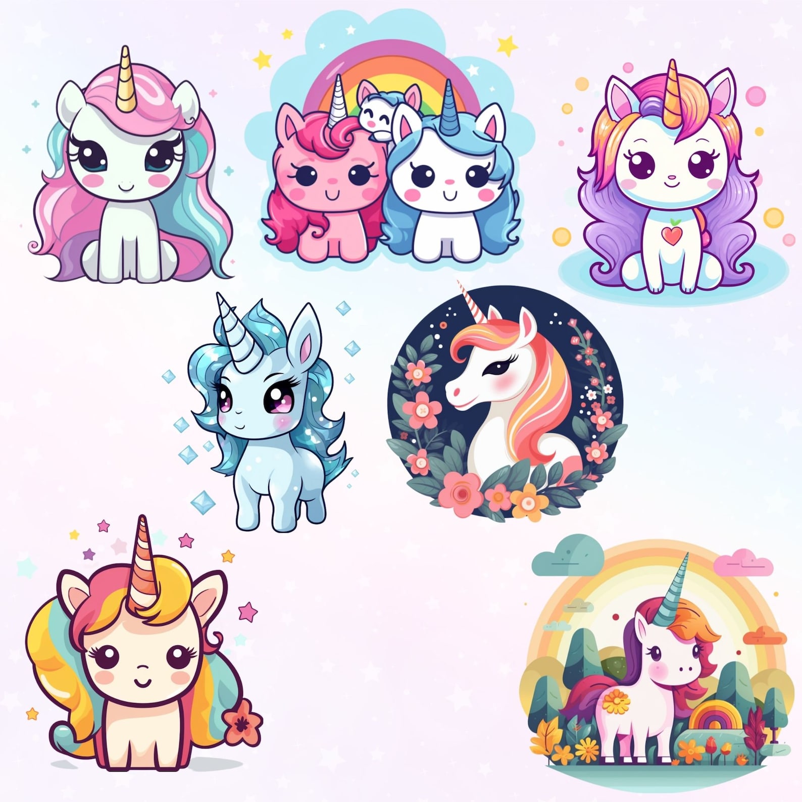 Cute Unicorn Kawaii Clipart Bundle: 43 Magical PNG Designs (digital ...