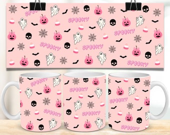 Pink Halloween Mug Wrap Gift For Her 11oz & 15oz Mug Template Mug Sublimation Design PNG File Mug Wrap Template Instant Digital Download