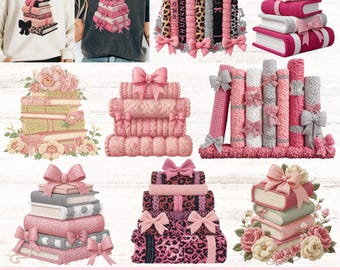 Bookish Girlie Faux Yarn Clipart Bundle, Book Lover Faux Embroidery Tshirt Sublimation Designs, Knitted Crochet PNG Graphics (Digital Files)