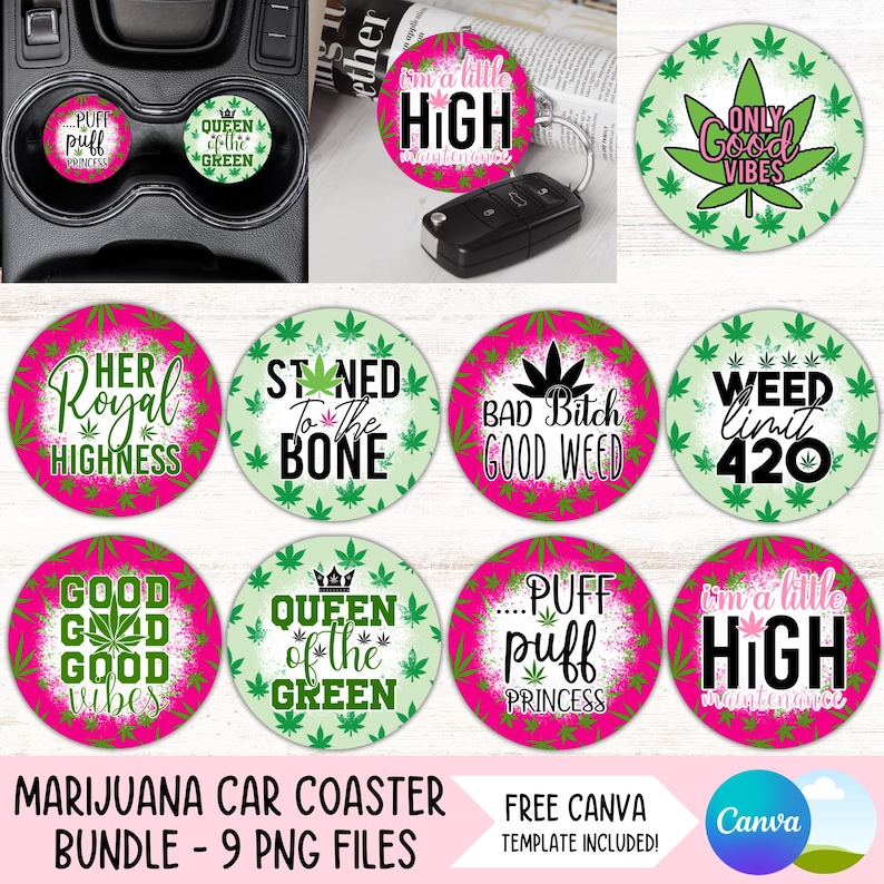 Marihuana auto Coaster PNG bundel wiet bekerhouder sublimatie ontwerpen Stoner meisje sleutelhanger PNG cannabis DIY Coaster digitaal bestand downloads afbeelding 1