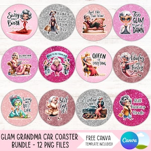 Porta-copos de carro de vovó engraçado PNG Pacote Glamourosa Porta-copos de vovó Designs de sublimação Chaveiro redondo de velhinha PNG Arquivos digitais de porta-copos DIY