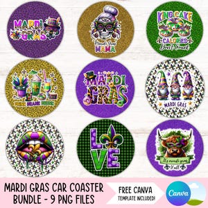 May include: Nine round purple, gold, and green Mardi Gras themed car coasters with various designs including a skull, a king cake, a gnome, a cow, and a fleur-de-lis. The text "Mardi Gras" appears on several of the coasters.