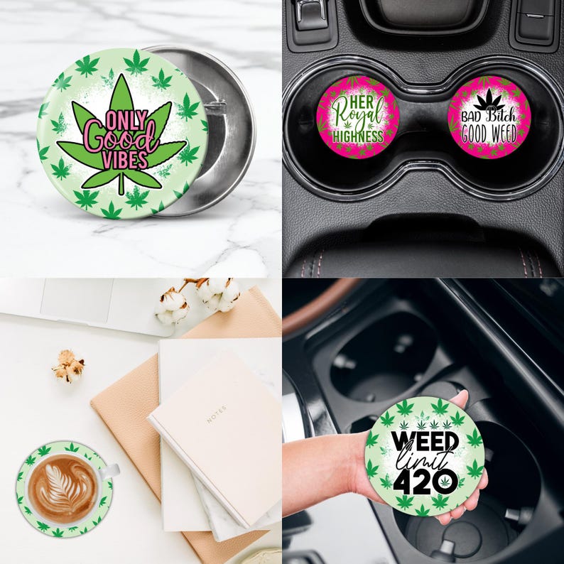 Marihuana auto Coaster PNG bundel wiet bekerhouder sublimatie ontwerpen Stoner meisje sleutelhanger PNG cannabis DIY Coaster digitaal bestand downloads afbeelding 2