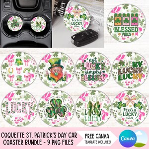May include: A collection of St. Patrick's Day car coasters with various designs. The coasters feature shamrocks, bows, and text like "Lucky" and "Blessed Vibes." The color palette includes green, pink, and white. The bundle includes 9 PNG files.
