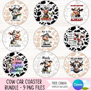 Grappige koe auto Coaster PNG bundel sarcastische bekerhouder sublimatie ontwerpen volwassen humor ronde sleutelhanger PNG Sassy DIY Coaster digitale bestanden