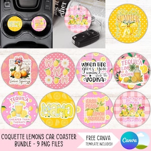 Puede incluir: Nueve posavasos redondos para coche con un tema de limón rosa y amarillo. Los posavasos presentan varios diseños, incluyendo limones, limonada, tequila y la frase "Cuando la vida te da limones... toma el vodka".