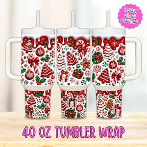 May include: A 40 oz tumbler wrap featuring a repeating Christmas pattern with red and white candy canes, gingerbread cookies, decorated gift boxes, ornaments, and pine trees against a white background with red icing drips at the top.