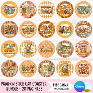 Ensemble de sous-verres de voiture citrouille épicée PNG automne porte-gobelet Sublimation dessins automne rond porte-clés PNG saison de football bricolage sous-bock fichiers numériques