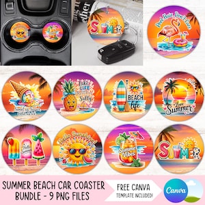 Puede incluir: Un conjunto de posavasos para coche y un llavero con temática de verano. Los diseños incluyen un flamenco, helado, piña, tabla de surf y cócteles. Los posavasos presentan frases como "Beach Life" y "Hello Sunshine!". También se ve el texto "Summer Beach Car Coaster Bundle - 9 PNG Files".