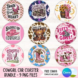 Ensemble de sous-verres de voiture Western Cowgirl PNG Country Girl porte-gobelet Sublimation dessins bottes de cowboy rond porte-clés PNG sous-bock bricolage fichiers numériques