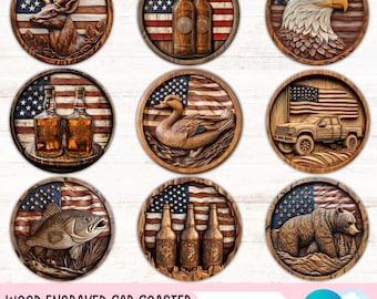 Fishing Car Coaster Design Bundle Hunting Men&#39;s Cup Holder Sublimation Designs Boyfriend Round Circle Clipart PNG Fathers Day Gift for Dad