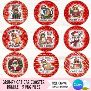 Grumpy Cat julbilunderläggspaket, Merry Catmas runda sublimeringsdesigner, rolig nyckelringsset, billuftsfräschör PNG (digitala filer)