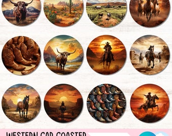 Western Car Coaster Png Bundle For Guys, Round Keychain Circle PNG Design, Car Cup Holder Coaster Sublimation Design Gift for Him