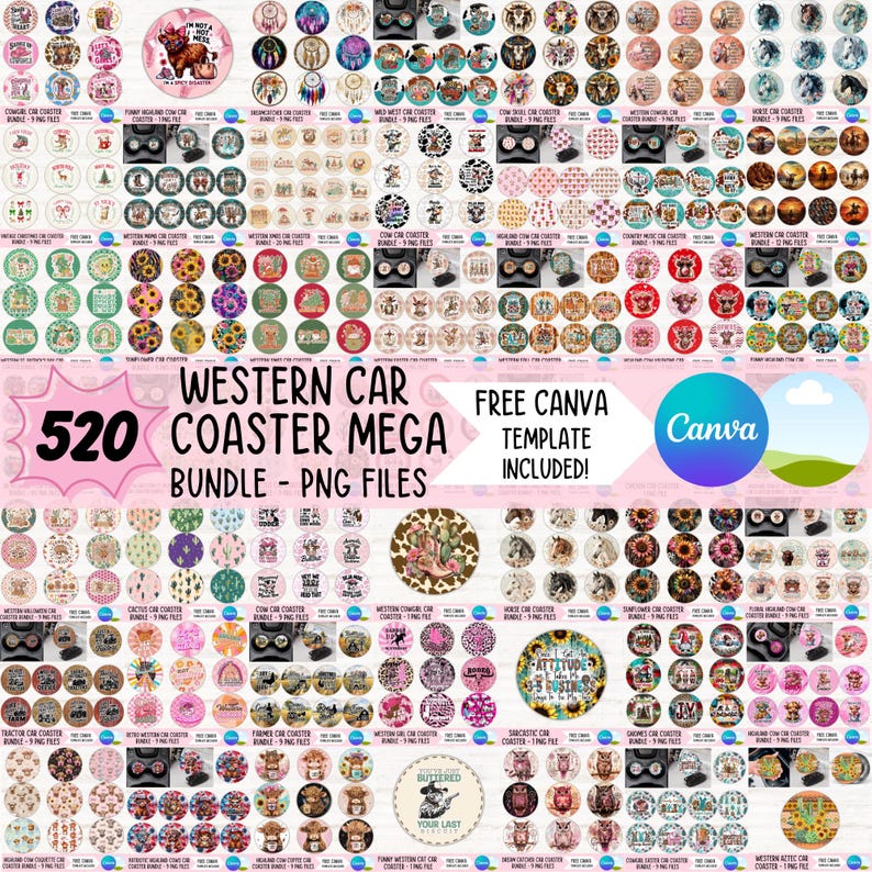 Country Western Car Coaster PNG Mega Bundle, Cowgirl Round Sublimation ...