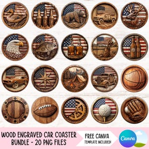 Herren Auto Untersetzer PNG Bundle Angeln Golf Cupholder Sublimations Designs Holz graviert Runder Schlüsselbund PNG Jagd DIY Untersetzer Digitale Dateien