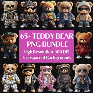 Teddy Bear Png Bundle, Colorido Urban Design Streetwear Png Sublimação, Estilo Urbano Neon Design Graffiti Png para Camiseta, Download Digital