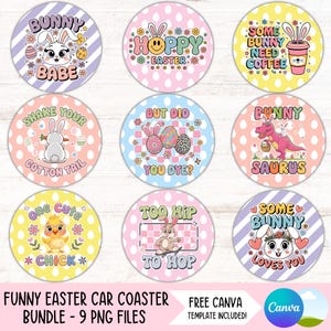 Puede incluir: Un conjunto de nueve posavasos redondos para coche con diseños de Pascua. Cada posavasos presenta un gráfico único, incluyendo conejitos, huevos y textos divertidos como "Bunny Babe" y "Some Bunny Needs Coffee". Los posavasos son coloridos y caprichosos.
