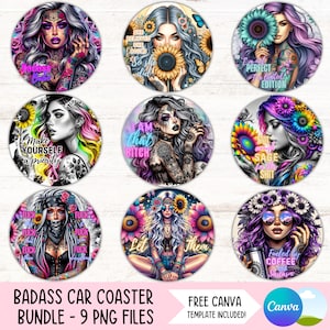 Pacchetto PNG di sottobicchieri per auto "Badass Bitch", divertenti portabicchieri sarcastici, disegni a sublimazione, portachiavi rotondo con affermazioni quotidiane, file digitali PNG.