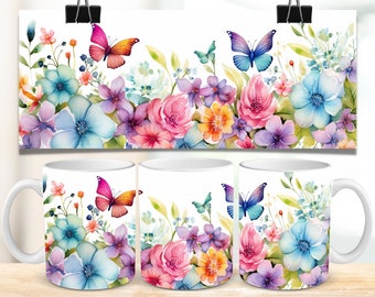Flowers and Butterflies Mug Wrap, 11oz & 15oz Mug Template, Mug Sublimation PNG Design, Mug Wrap Template, Instant Digital Download