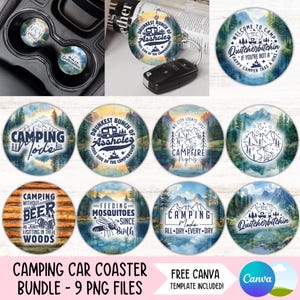 Paquete de posavasos PNG para autocaravanas, portavasos para aventuras al aire libre, diseños de sublimación, llavero redondo para senderismo, PNG, posavasos de naturaleza, archivos digitales