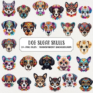 Bundle de cliparts tête de mort en sucre chien mexicain Jour des morts Catrina tête de mort squelette fichiers PNG Dia de Los Muertos PNG téléchargements numériques