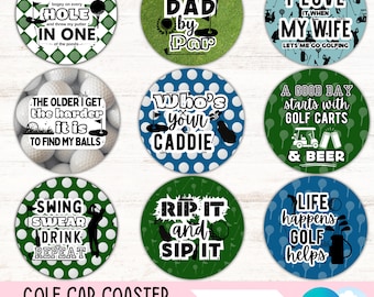 Funny Golf Car Coaster PNG Bundle Mens Coffee Cup Holder Sublimation Designs Dad Round Keychain PNG Husband Father DIY Coaster Digital Files