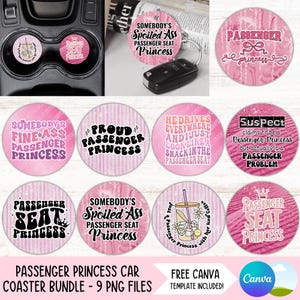 Princesa Passageira PNG Pacote de Porta-copos de Carro Suspeito Reivindica Designs de Sublimação de Porta-copos Engraçado Carro Air Freshie PNG Chaveiro Redondo Círculo PNG