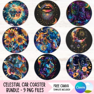 May include: Nine colorful round car coasters with celestial and animal designs. The designs include a skull, lips, a cat, sunflowers, cows, a crescent moon, a butterfly, a dog, and flowers. The coasters are on a white background.