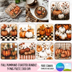 May include: A collection of square coasters featuring various illustrations of orange and white pumpkins, autumn leaves, and checkered patterns. The designs include clusters of pumpkins in fields, on checkered surfaces, and surrounded by fall foliage.