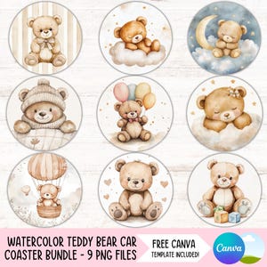 May include: Set of nine watercolor teddy bear illustrations for car coasters. Each coaster features a different teddy bear design with a variety of themes, including a hot air balloon, a cloud, and a moon.