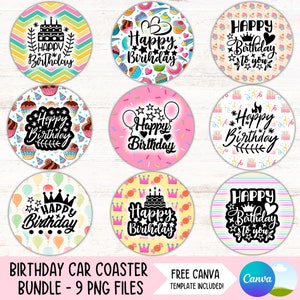 May include: Nine colorful round birthday car coasters with different designs. Each coaster features a different pattern and the text "Happy Birthday" in black. Some coasters also include additional text like "to you" or "Happy Birthday".