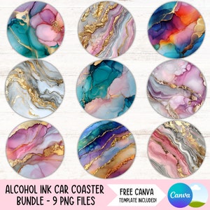 Puede incluir: Nueve diseños digitales para posavasos de coche con patrones abstractos de tinta de alcohol en tonos de rosa, azul, turquesa, morado y dorado. Los diseños son perfectos para añadir un toque de elegancia a cualquier coche.