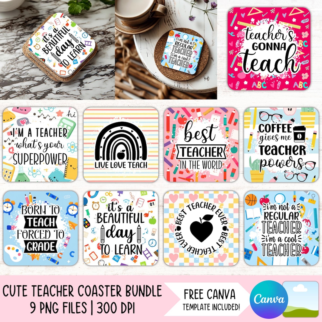 Teacher Coaster PNG Bundle, Back to School Square Sublimation Designs ...