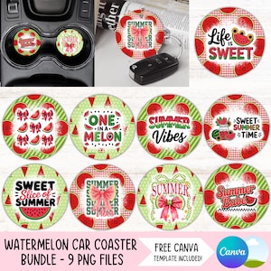 May include: Nine round watermelon-themed car coasters with various designs. The designs include watermelon slices, watermelon patterns, and text such as "Summer Vibes", "Sweet Summer Time", and "One in a Melon".