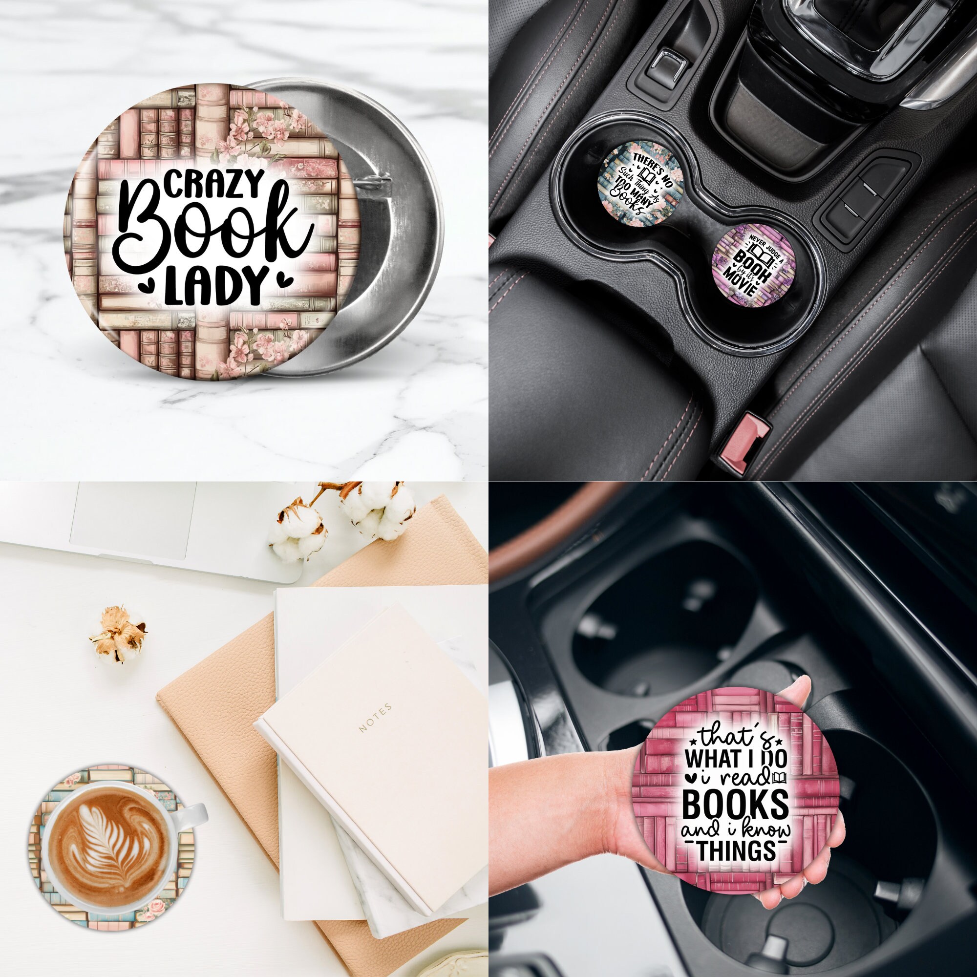 Book Lover Car Coaster PNG Bundle, Reading Round Sublimation Designs ...