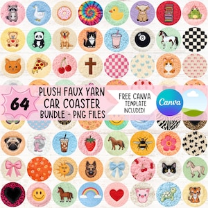May include: A collection of 64 plush faux yarn car coasters with various designs, including animals, food, and patterns. The coasters are round and colorful, with a soft, textured appearance. The image also includes text that says "PLUSH FAUX YARN CAR COASTER BUNDLE - PNG FILES".