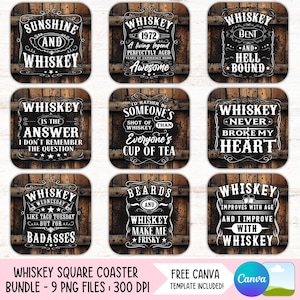 May include: Nine square whiskey coasters with white text designs on a dark wood background. The coasters feature phrases such as "Whiskey is the Answer" and "Whiskey Improves with Age". Each coaster is approximately 10 cm x 10 cm.