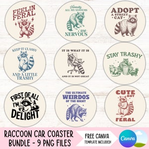 Lustiges Waschbär-Auto Untersetzer PNG Bundle Feral Cupholder Sublimation Designs Sarkastische Runde Schlüsselbund PNG Erwachsene Humor DIY Untersetzer Digitale Dateien