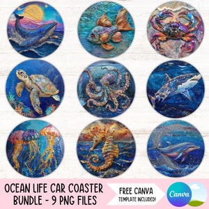 Sea Life Car Coaster Png Bundle Marine Life Cupholder Sublimation Designs Fisch Runder Schlüsselbund PNG Sea Schildkröte Walhai Digitale Downloads