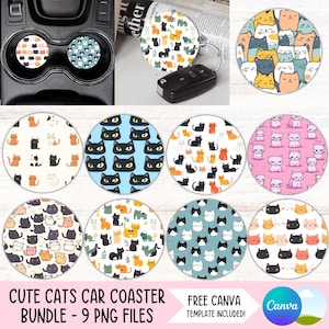Ensemble de sous-verres de voiture chat mignon PNG maman chat porte-gobelet sublimation dessins chat maman rond dessous de verre porte-clés PNG cadeau pour maman chat sous-verre téléchargement