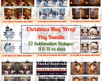 Ensemble de tasses de Noël Design PNG Emballage de tasse d'hiver PNG 11 oz & 15 oz tasse à café Design Mug Wrap modèle Bonhomme de neige Mug Wrap Bundle téléchargement numérique
