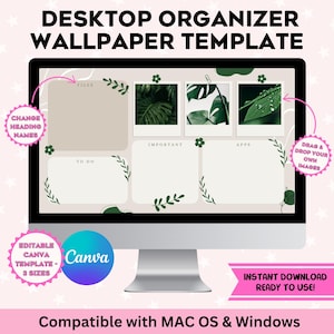 Mac OS および Windows 用の花柄デスクトップ オーガナイザー壁紙 ミニマリスト デスクトップ 春の美的編集可能な Canva テンプレート 即時デジタル ダウンロード